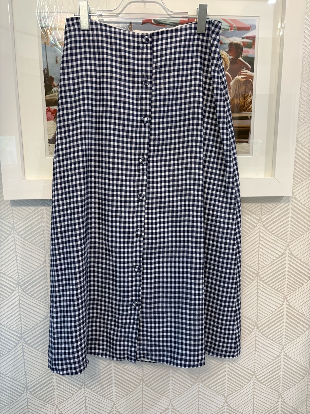 Reformation Navy and White Gingham Button-Front Midi Skirt